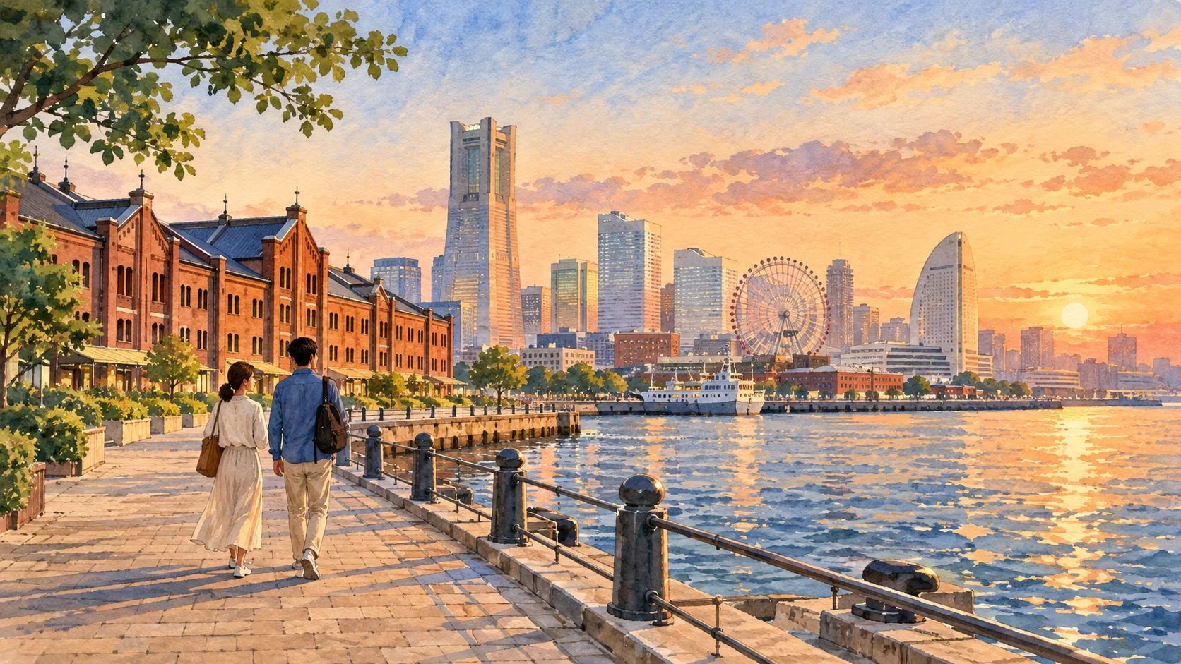Zwei Reisende gehen in der Abenddämmerung am Hafen entlang, neben roten Backsteingebäuden; dahinter stehen Hochhäuser und Riesenrad an der Bucht.